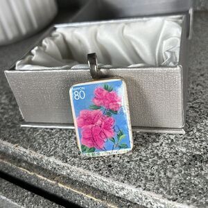 Vintage Wooden ‘Postage Stamp’ Pendant Necklace